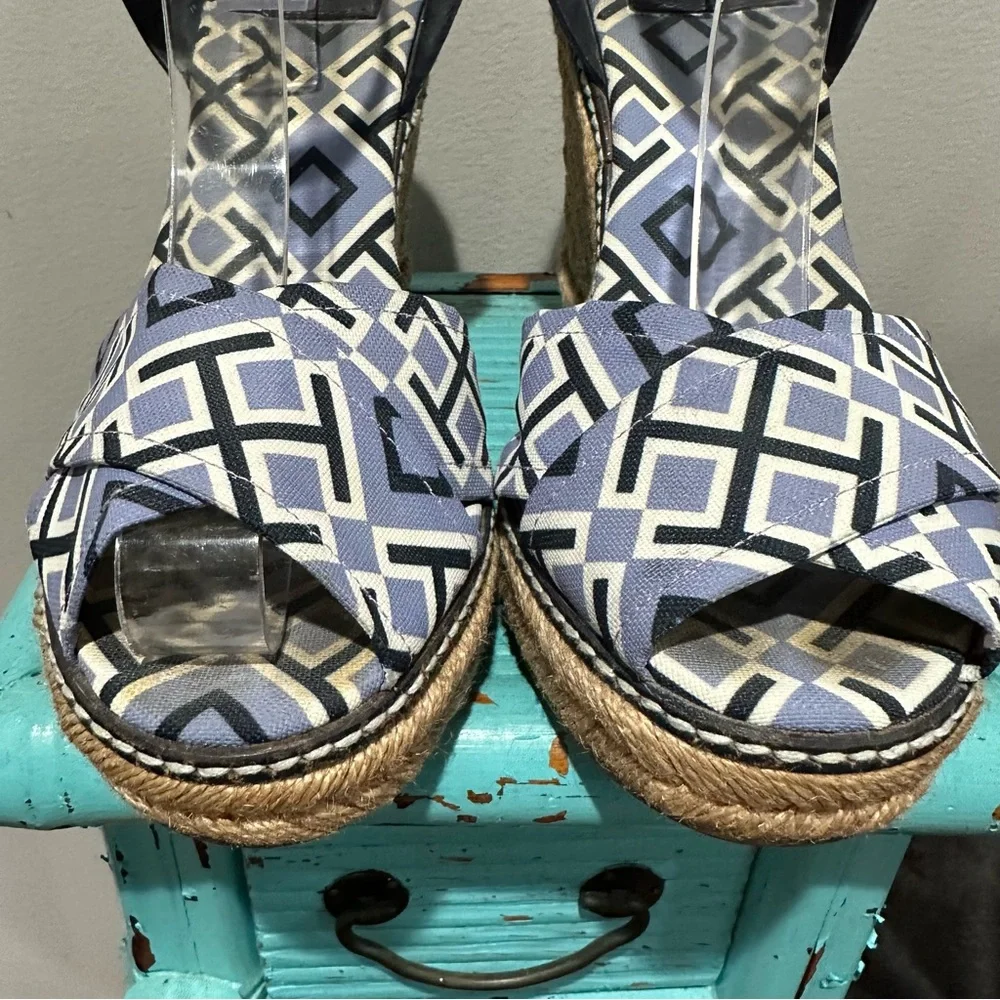 Tory Burch Navy Espadrille Wedge Ankle Strap All Over Logo Print Size 8 B